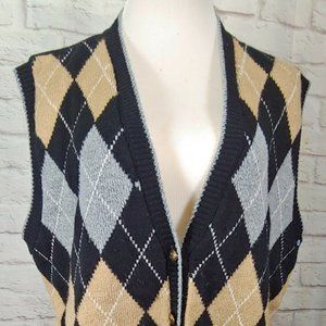 Alfred Dunner Black Button Front Argyle Vest  USA
